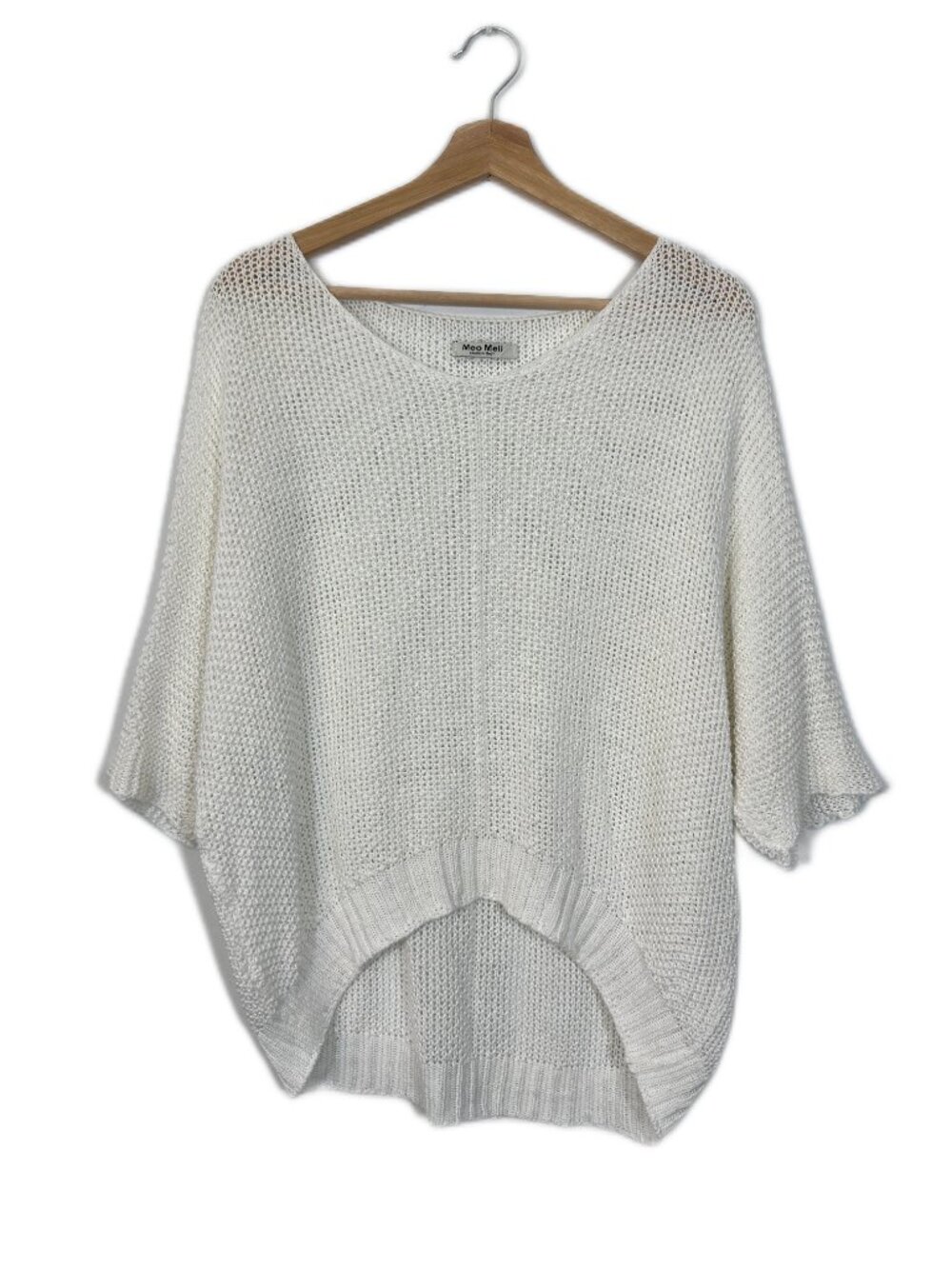 Meo Meli Women's Open Knit Sweater Medium White Boho Coastal Casual Quiet Luxury
